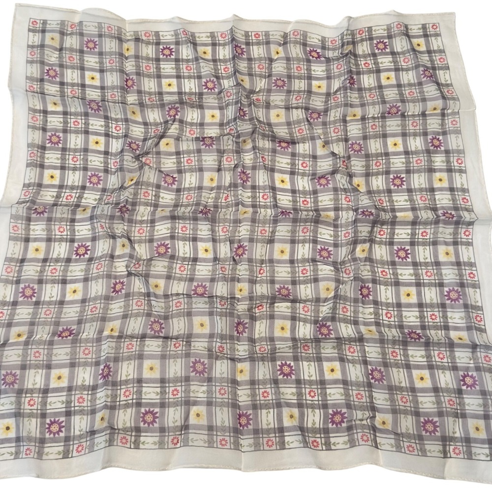 Cejon Silk Scarf Square Plaid Floral Purple Yellow Vtg Y2K 90s Printed in Korea‎